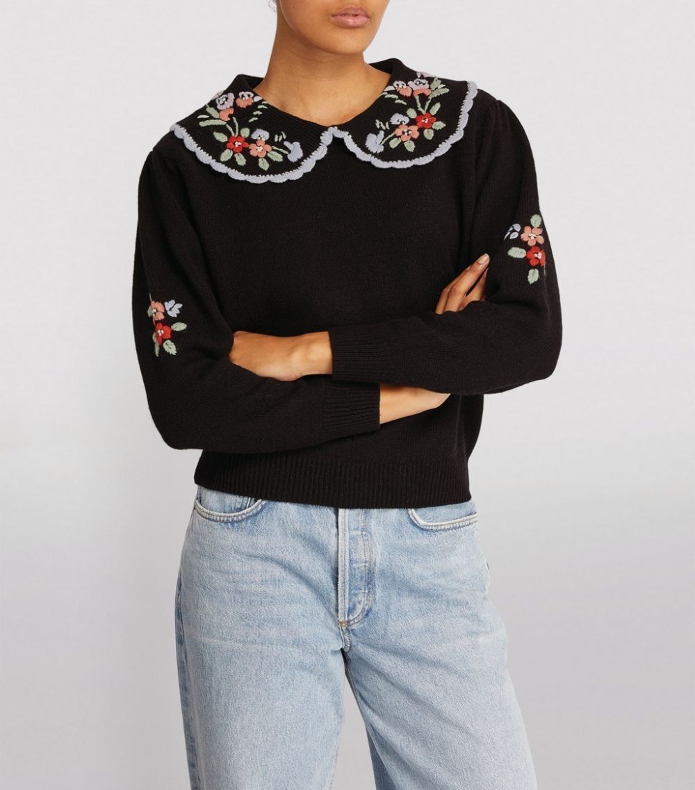 Rixo Lula Embroidered Peter Pan Collar Wool Sweater in Black Large Size 10